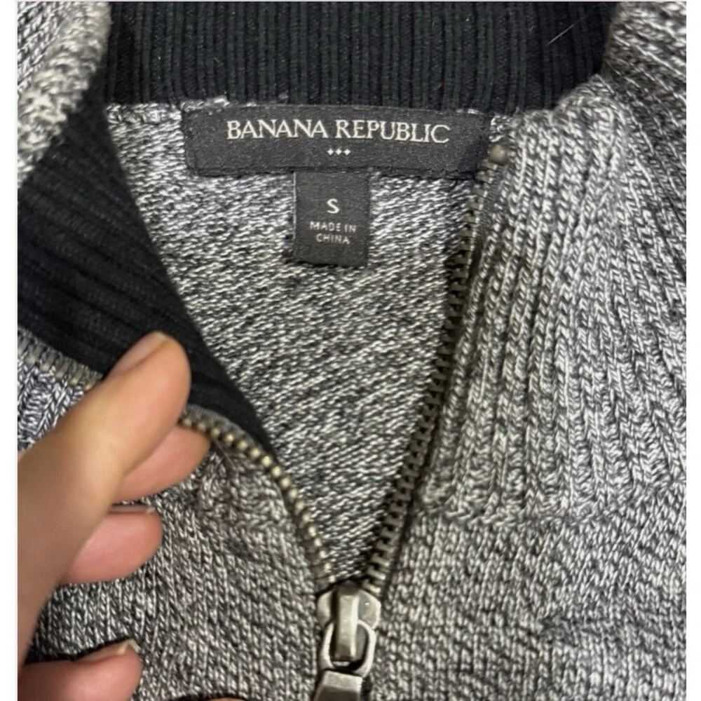 Banana Republic Mens Gray Black Mock Neck Full Zip Knit Sweater Jacket Pullover